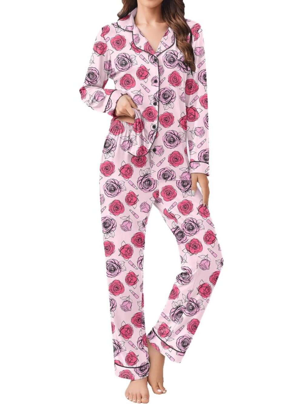 Women's Rose Notch Collar Button Down Long Sleeve Shirt Sleepwear Pajamas Set